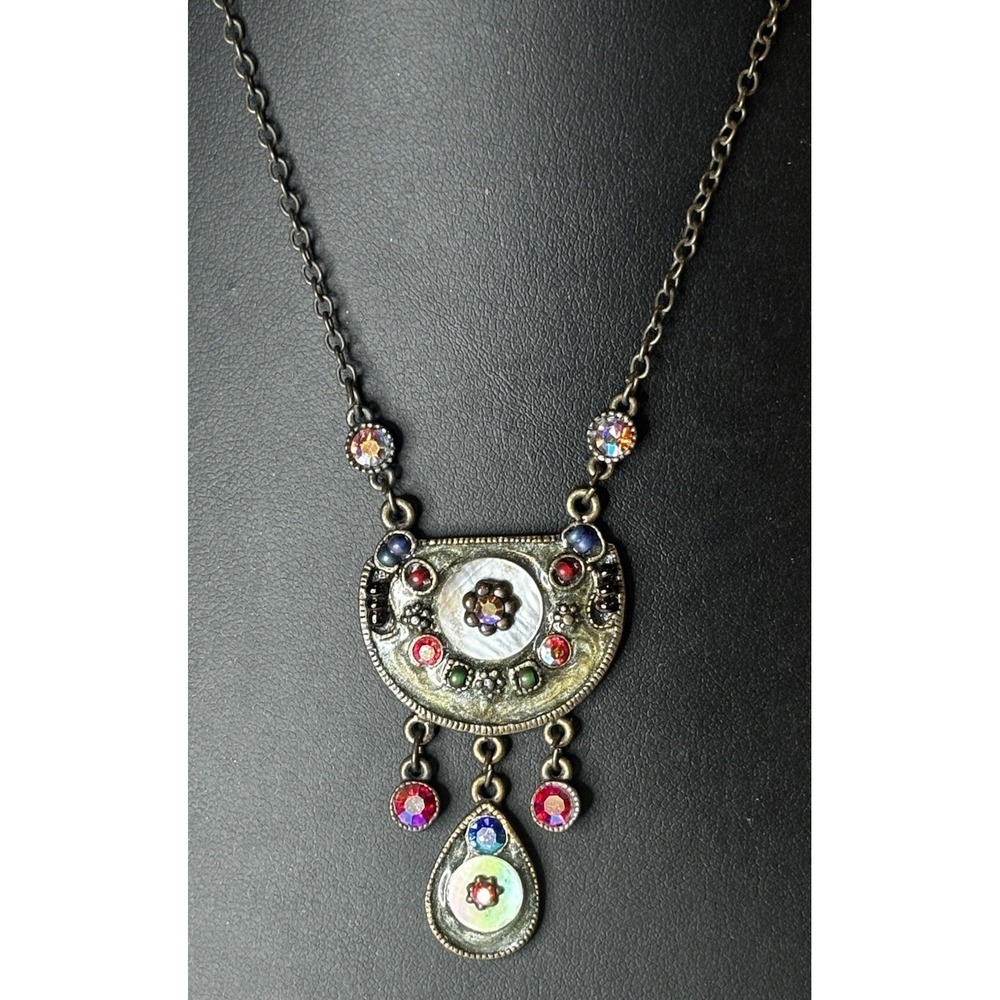 Boho Mother of Pearl Glass Bead Rhinestone Statement Necklace 16.5" Bronze